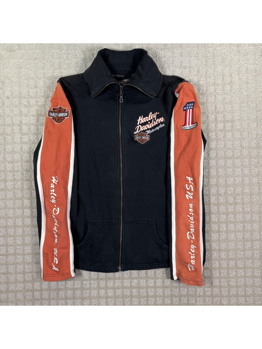 Harley-Davidson black and orange zip jacket Women L